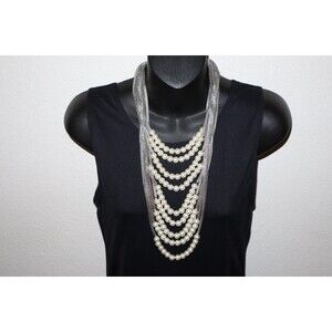 Faux Pearl 9 Strand Graduating Rope Necklace Silver Tone Statement Runway Bold
